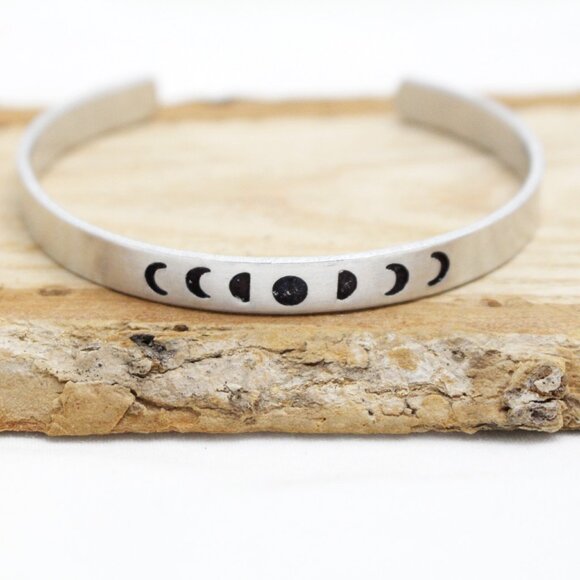Moon Phases Bangle - Hand Stamped Anodized Aluminum Bangle - Adjustable - Picture 8 of 12